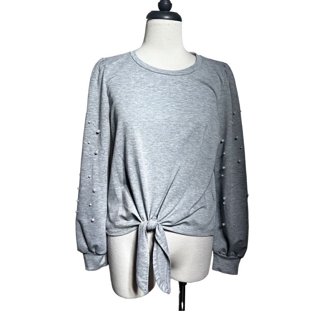 Skonhet Long Sleeve Puff Sleeve with Pearls Front Tie Sweatshirt Size Small